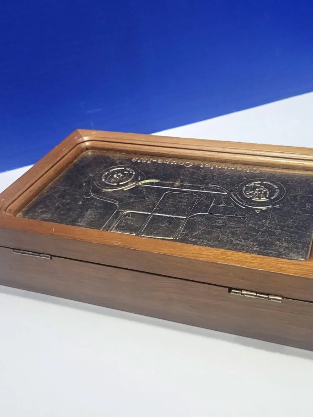 Vintage Wood Jewelry Box with Gold Embossed 1919 Chevrolet Coupe Lid